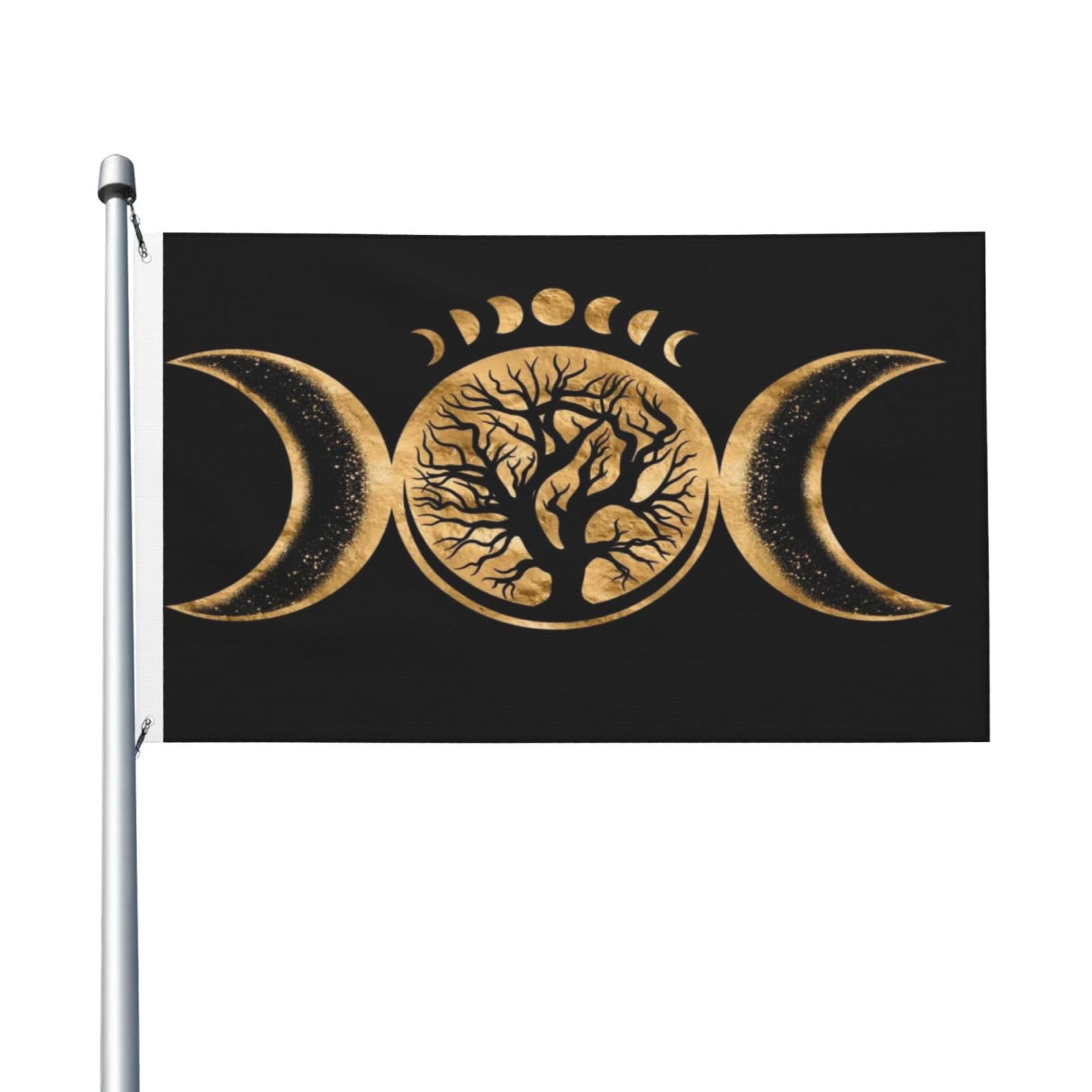 Golden Triple Moon Goddess Wiccan Flag 3x5 Ft Sided Outside Large Banner, Double Stitched Hanging Outdoor Flags for Yard Sign Garden Lawn Holiday