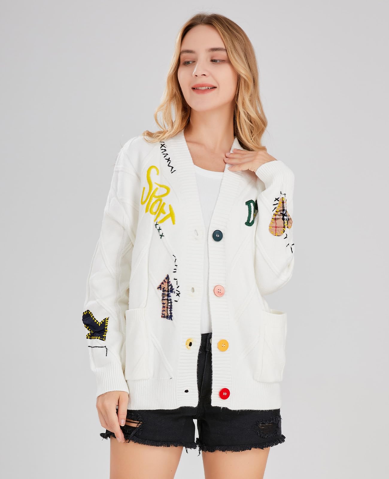 ebossy - Cardigan da donna a maglia, a maniche lunghe, aperto sul davanti, con scollo a V e bottoni, in misto lana