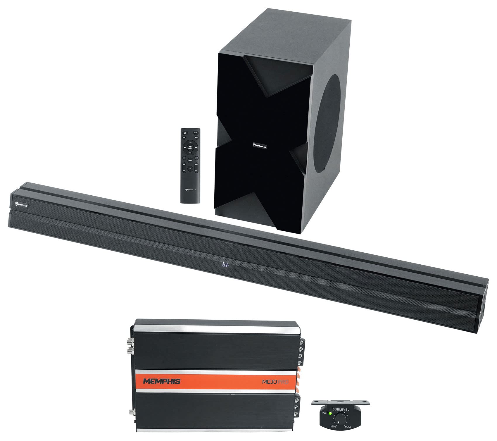 MemphisAudio MJP1500.1 1500w RMS @ 1 ohm Mono Car Amplifier Mojo Pro Amp+Remote Bundle with Rockville Dolby BAR Home Theater Sound Bar