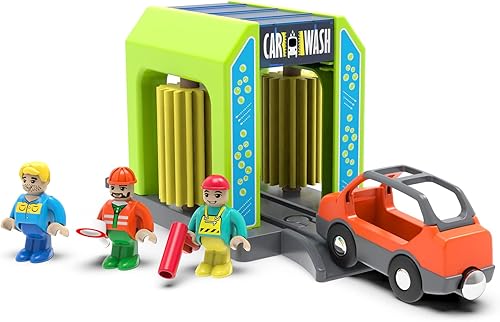 Estación de lavado de autos juguete para pista de tren de madera, escenas creativas de lavado de ciudad, juguete de juguete, accesorios de tren,