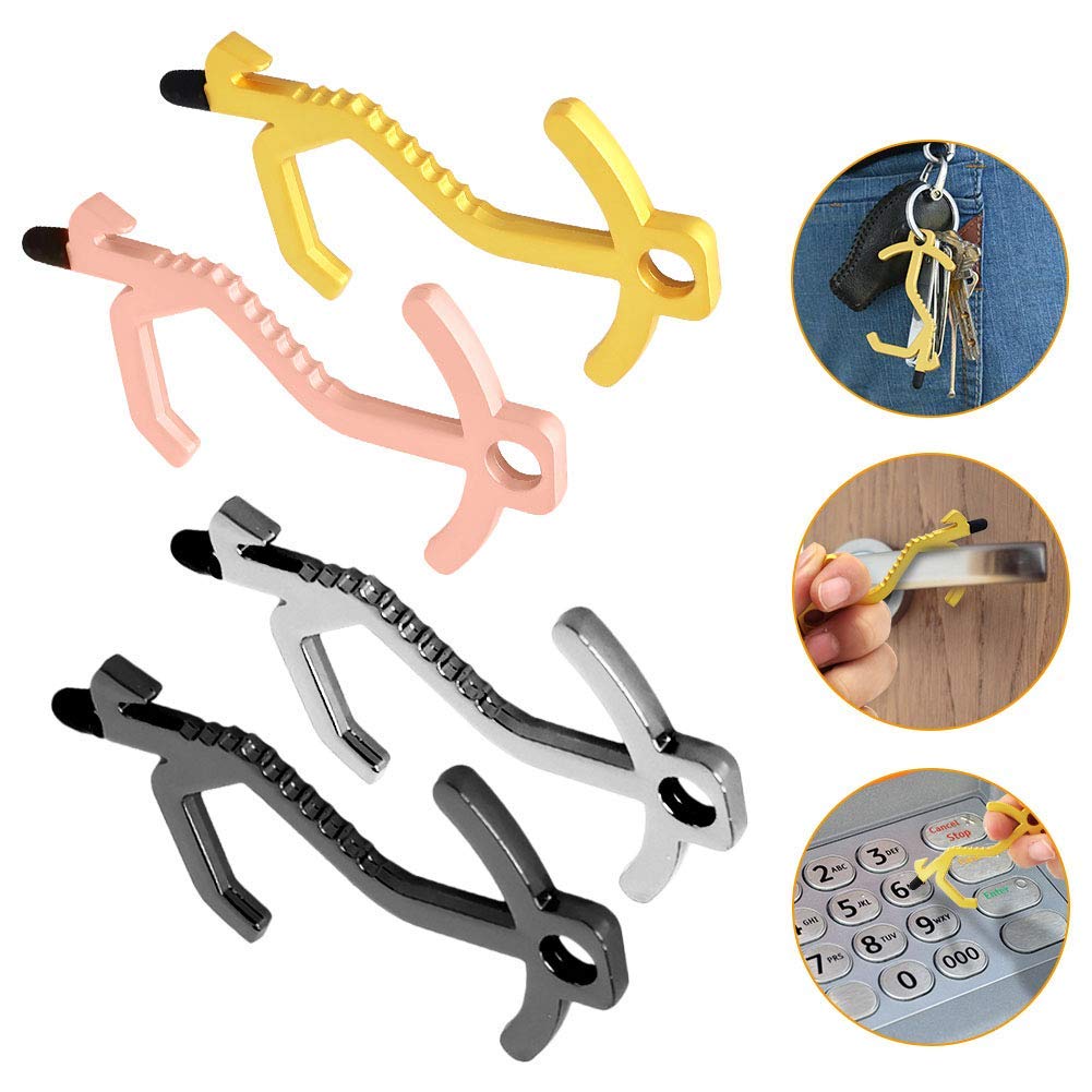 No Touch Door Tools with Stylus, Not Brass Hand Tool EDC Door Opener with Bottle opener,Anti-Touch Button Pusher Tools for Public Elevator Door(4 Colors,4 pack)