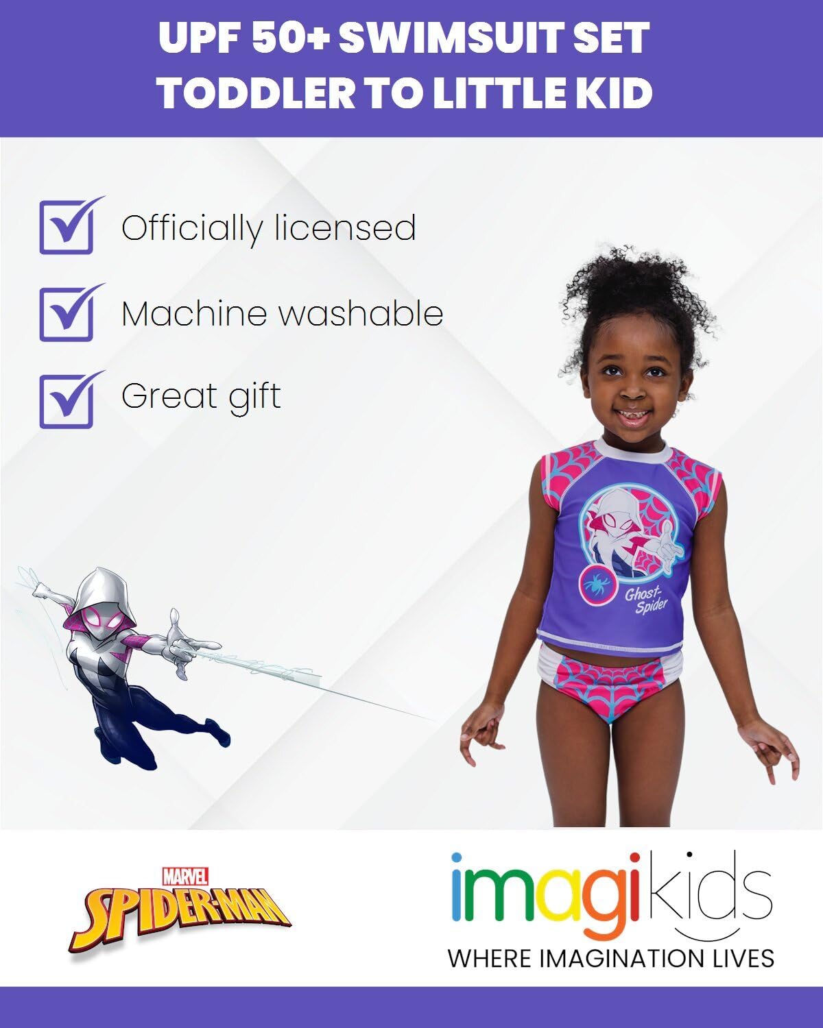 Marvel Spider-Man Spider-Gwen Girls UPF 50+ Rash Guard & Bikini Bottom Costume da bagno Set da bambino a bambino piccolo (2T - 7-8)