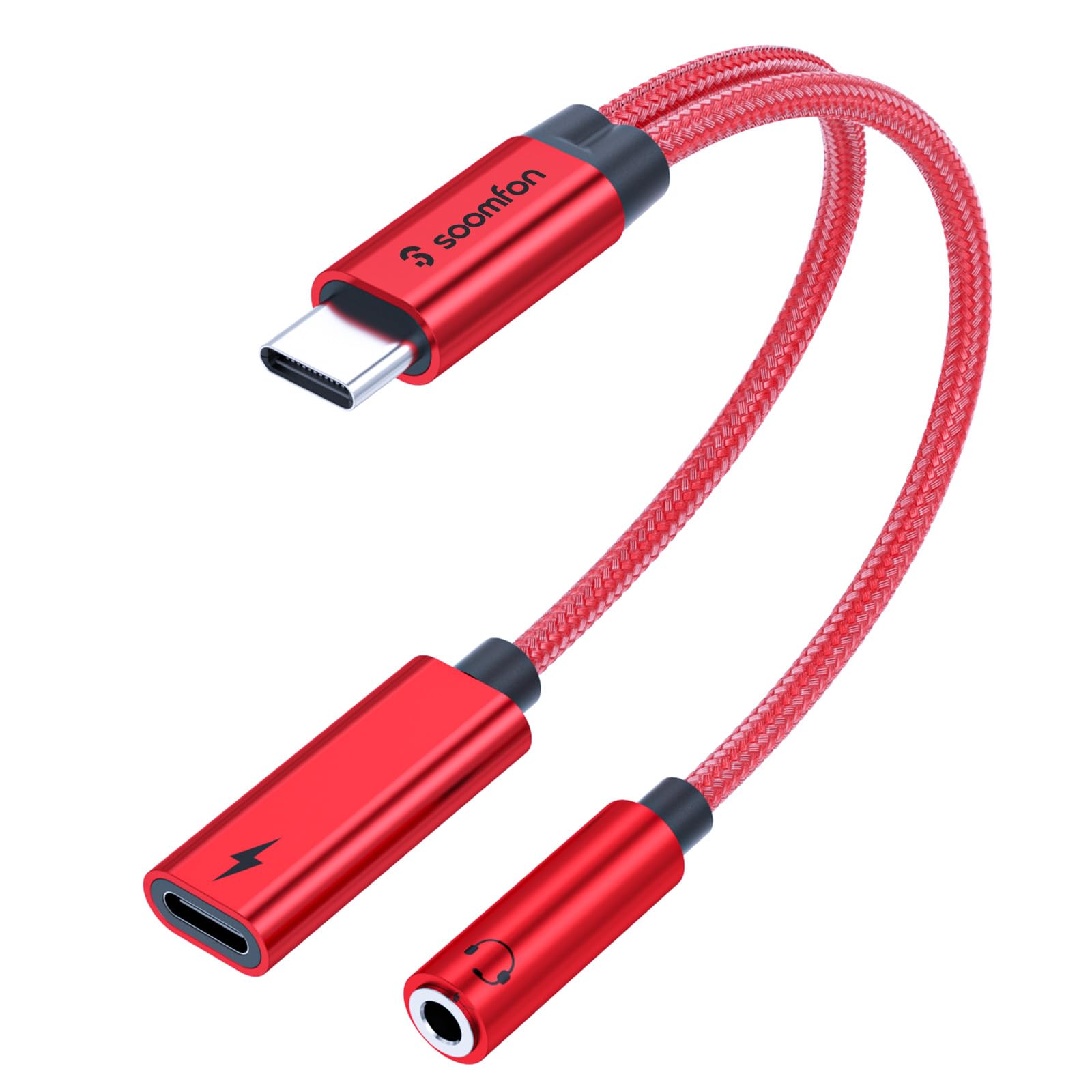 SOOMFON 2 in 1 Adattatore USB C a Jack da 3.5mm per Cuffie, HiFi audio Tipo C a cavo Dongle Aux, Ricarica rapida da 60W, per iPhone 15/15 Pro Max, Samsung S24/S23/S22, Huawei, Pixel ecc (rosso)
