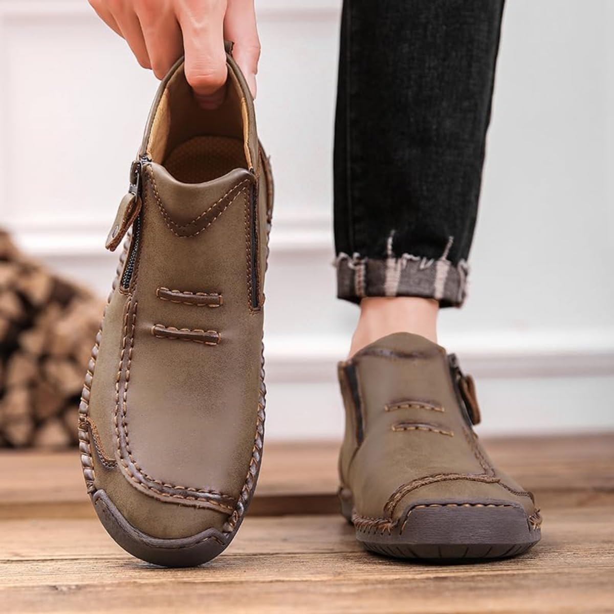 Men’s Slip-On Orthopedic Leather Boots,Men’s Handmade Premium Leather Slip-On Driving Boots,Men Side Zipper Orthopedic Shoes for Driving Hiking