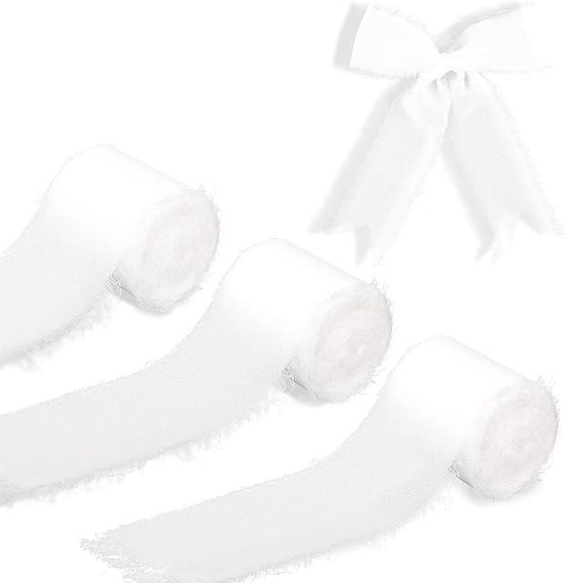 KINBOM 3 Rolls Chiffon Ribbon, 1.5 Inch x 5.5 Yard Handmade Fringe Chiffon Silk Ribbon for Photography Modeling, Background Decoration (White),Embellishment Christmas Atmosphere