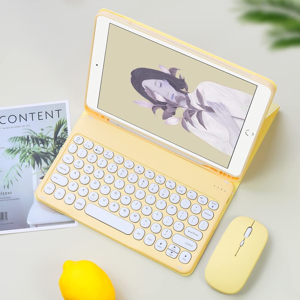 Étui clavier pour iPad 9e génération (2021)/8e génération (2020)/7e génération (2019), joli clavier rond sans fil avec coque de protection avec porte-crayon pour iPad Air 3/Pro 10,5, jaune