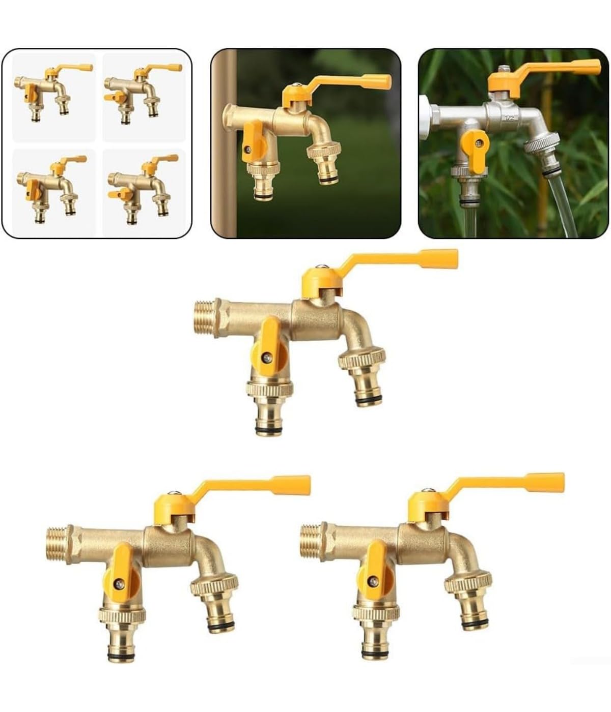 Grifo universal de doble salida para jardín, válvula de bola para exteriores, conector de manguera de 1/2 y 3/4 pulgadas para lavadora de jardín, uso doméstico e industrial