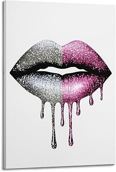 Pink Lips Canvas Wall Art Sexy Silver Pink Sparkle Lip Prints Modern Fashion Woman Artwork Hanging Paintings Poster Stylish Decor for Girls Room Bedroom Wall Decoration 08x12inch20x30cm