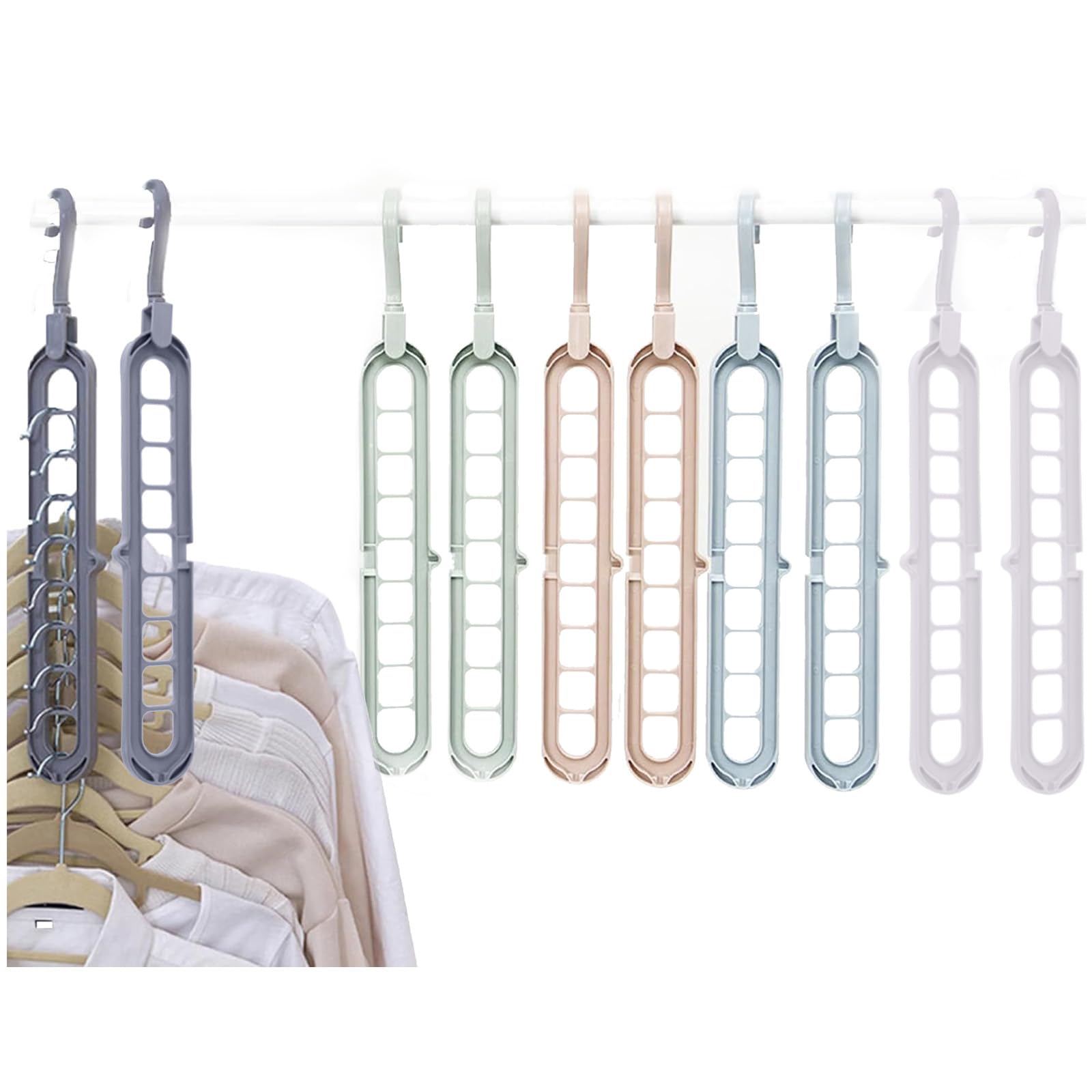 Eruceky 10 Perchas 9 en 1, Ahorro de Espacio, giratorias 360ºperchas, Ahorro de Espacio, Organizador para Colgar armarios, 5 Colores
