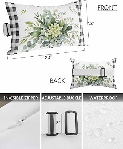 Miniatura 3 de Paquete de 2 fundas de almohada lumbar con hojas de eucalipto, impermeables, para exteriores, color verde botánico acuarela negra a cuadros para