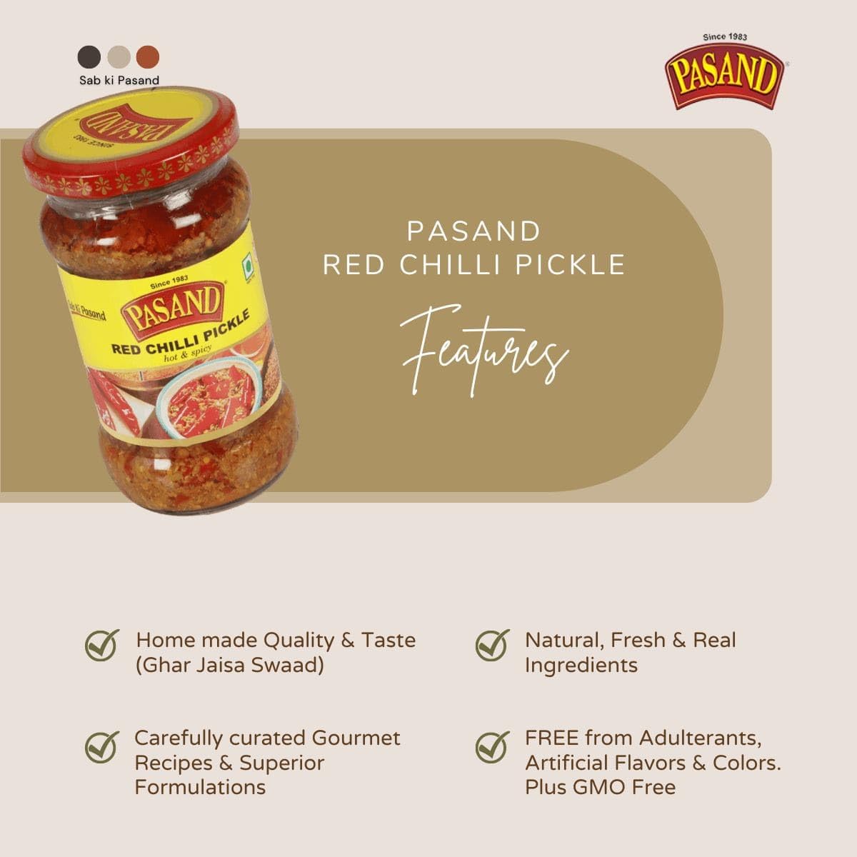 PASAND Red Chilli Pickle 280g | Traditional Laal Mirch ka Achar | Authentic Style Pickle | Tangy & Mild Spicy Taste | Homemade Indian Pickle | Ready to Eat