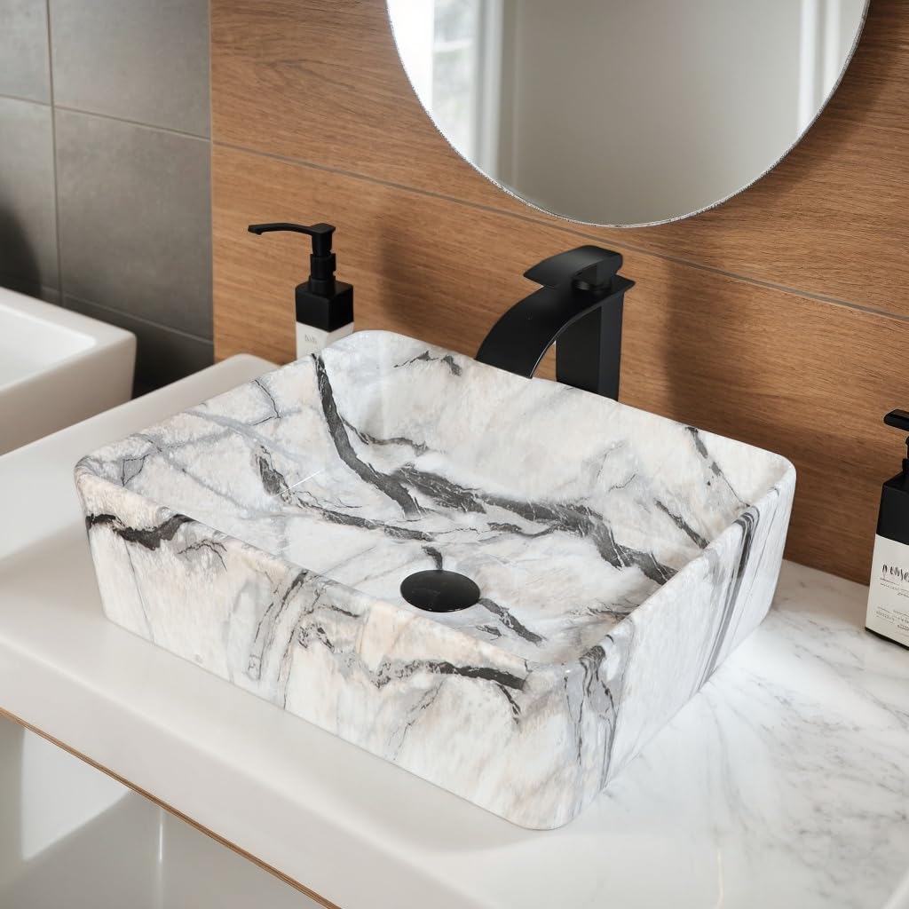 Fregadero de baño de 19 x 15 pulgadas, fregadero de cerámica con grifo y drenaje, combo rectangular pequeño fregadero de mármol para baños sobre mostrador