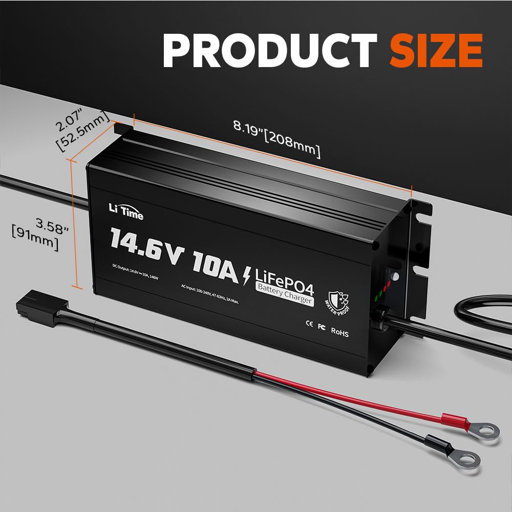LiTime IP67 Waterproof 14.6V 10A LiFePO4 Onboard Charger, Fast Charging, 4 Safety Protections, Better Charging Performance, Extend Lithium Batteries Life, with LED Indicator, Outdoor & Marine Use