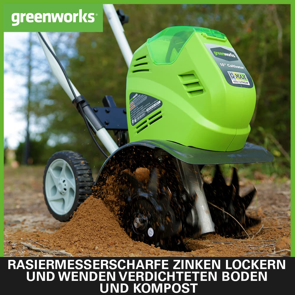 Greenworks G40TL Akku Gartenfräse, Rasenfräse mit Frontzinken, 25 cm Arbeitsbreite, 13 cm Frästiefe OHNE 40V Akku und Ladegerät, 3 Jahre Garantie