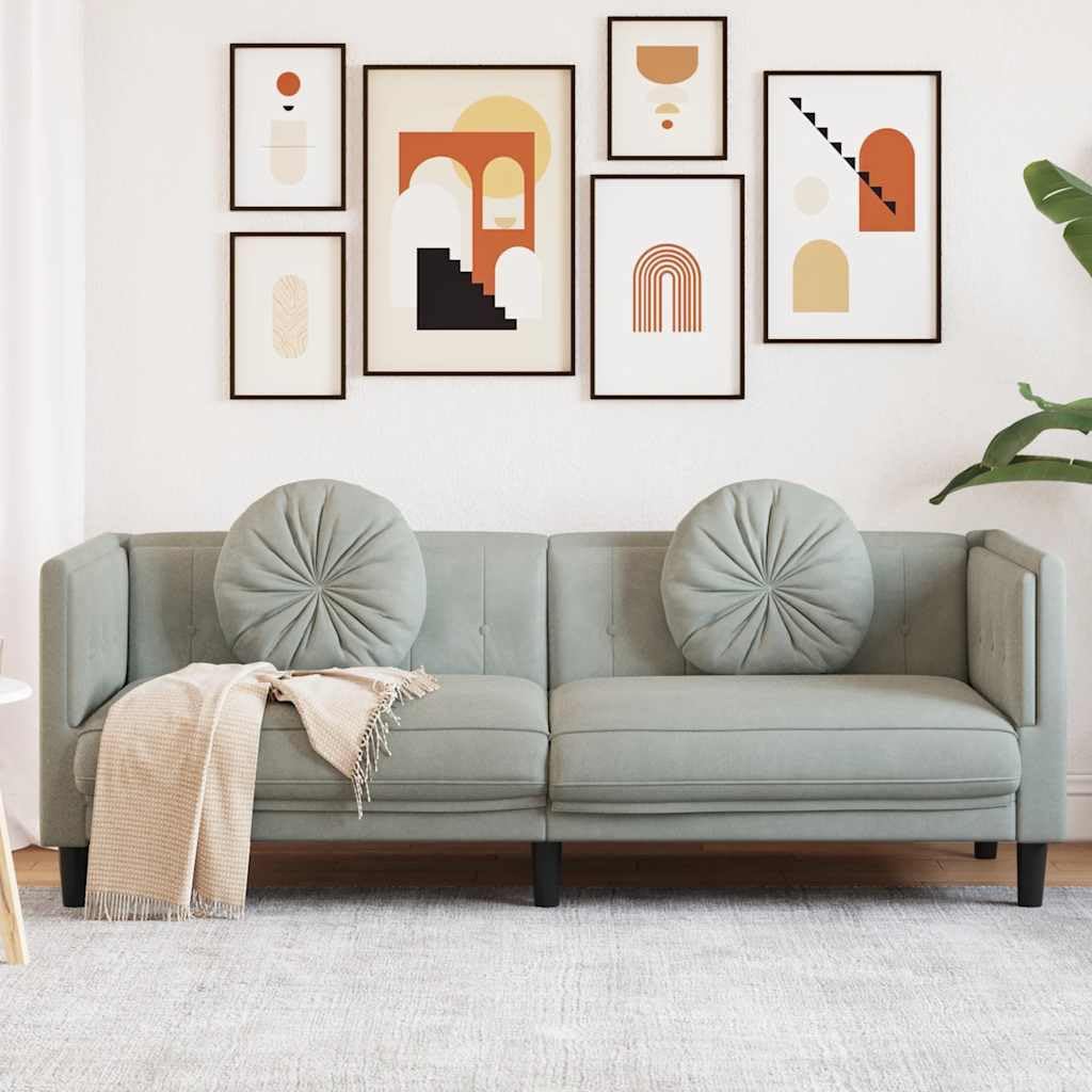 Sofá de 3 plazas con cojines en terciopelo gris claro, sofá de lujo suave para salón con acolchado cómodo y patas de apoyo estables