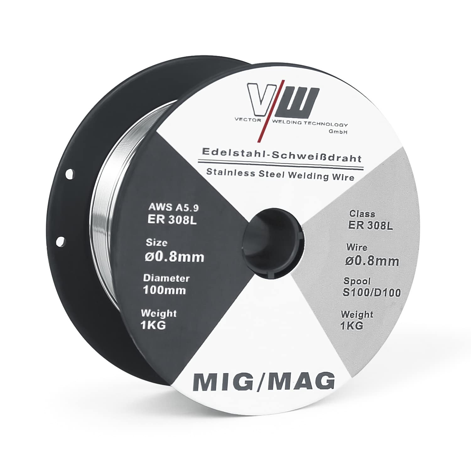 VECTOR WELDING ER308L Hilo para Soldadura de Acero Inoxidable D100/S100-1 kg - Diámetro 0,8 mm - Para soldadoras MIG MAG
