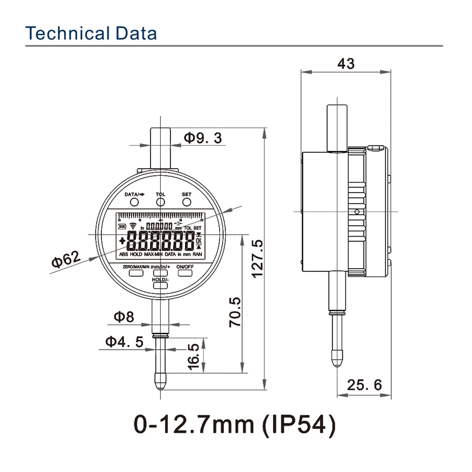 Bezprzewodowy wskaźnik cyfrowy Rozdzielczość 0,5 μm Elektroniczny IP54 0-12,7/25,4 50,8 mm Z akumulatorem,Przyrząd Pomiarowy(0-12.7mm 1)