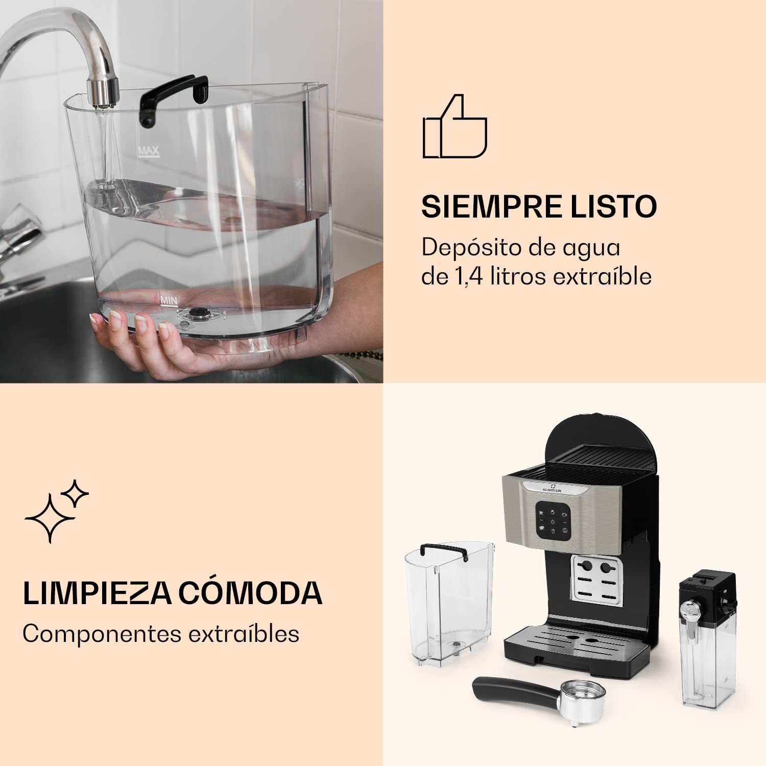 KLARSTEIN Cafetera Expreso de 1,4 L Con Espumador de Leche, 20 Bares, 1450W Para Café Molido, Helado, Capuccino y Café Con Leche