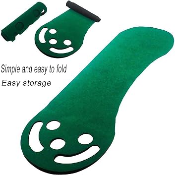 This golf putting practice mat is suitable for both indoor and outdoor practice. It features a simulated grass design, is self-assembly, and is ideal for practicing putting and chipping.