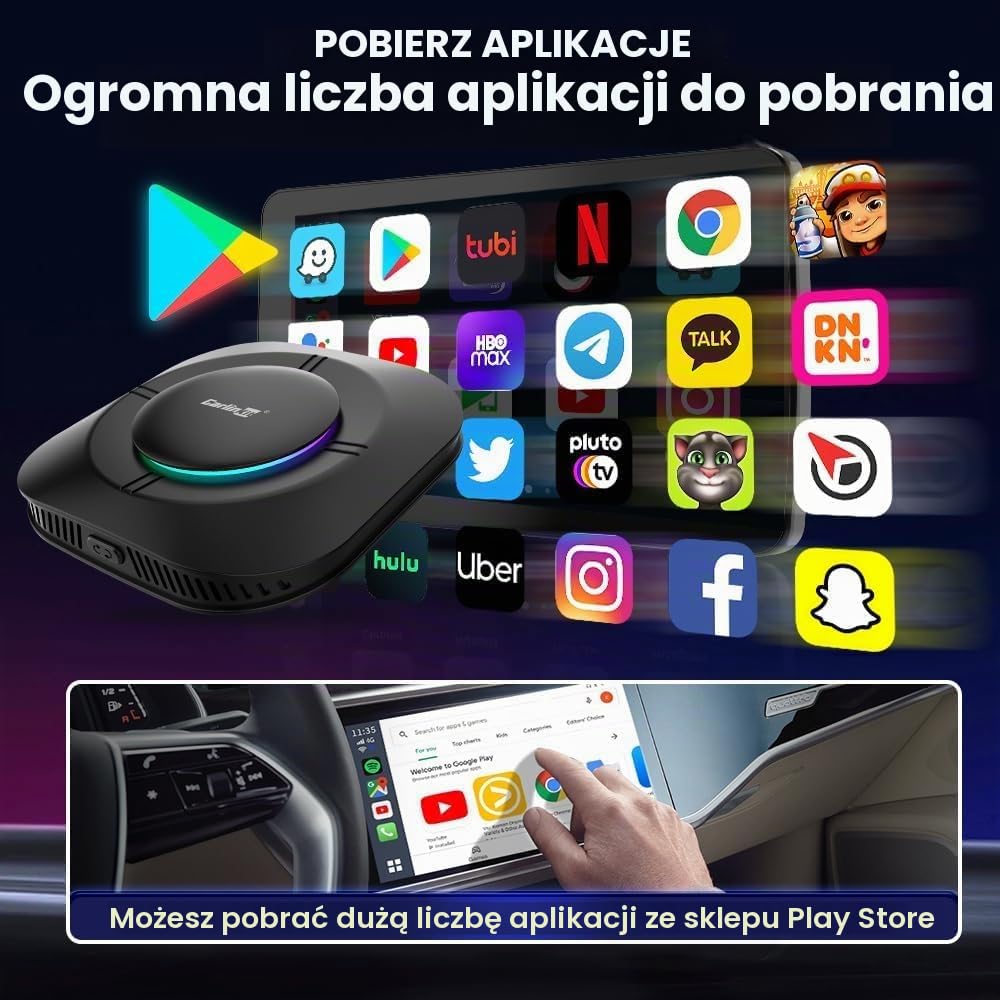 Adapter CarlinKit Android 13.0 AIBox - Wireless CarPlay&Android Auto, 4GB+64GB Android 13.0 standalone, obsługa kart SIM, do samochodów z kablem CarPlay&Android Auto