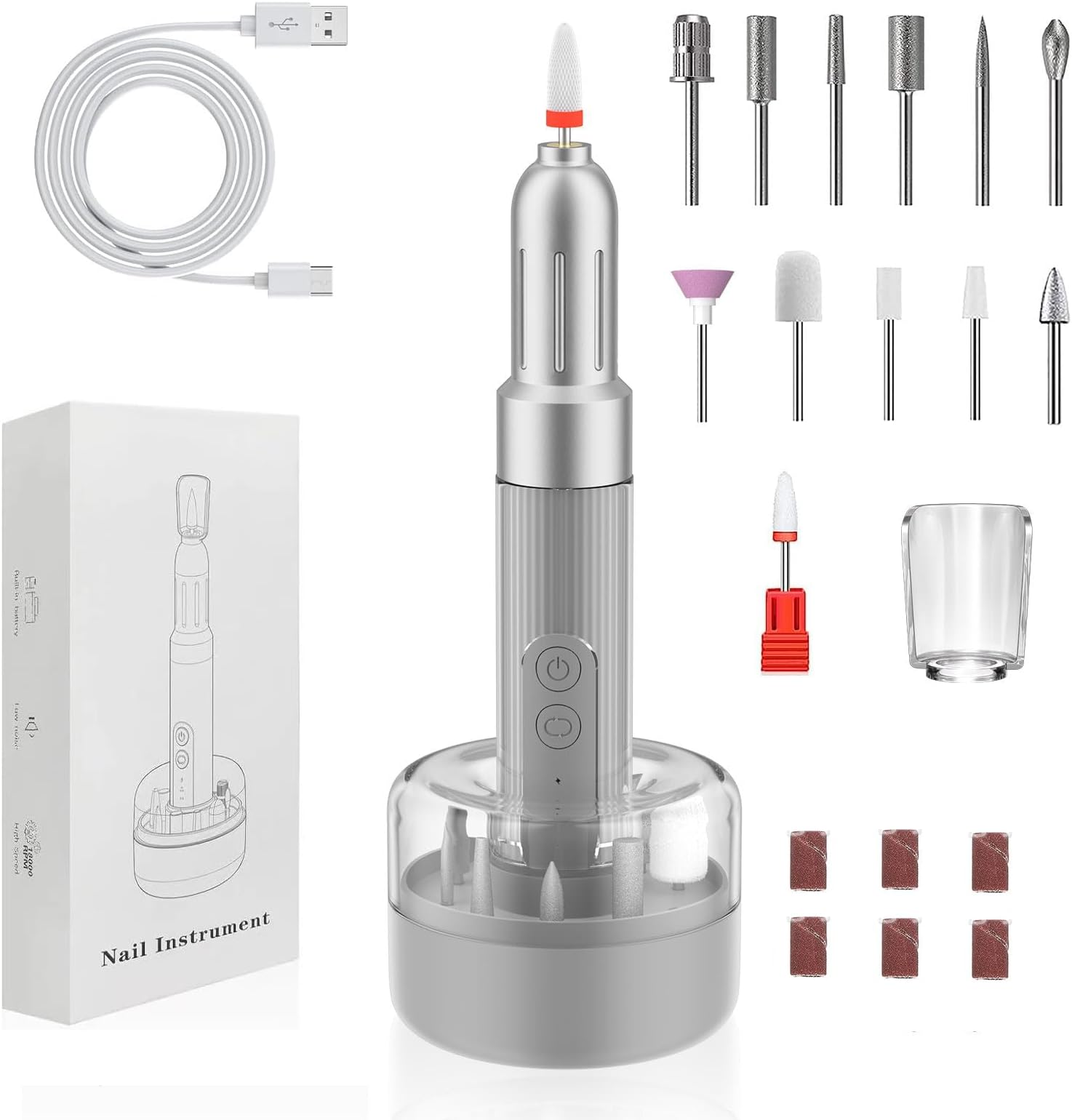 – Portable Electric Nail Drill, Portable Nail Drill E File Kit with Rechargeable Base, 12 Nail Drill Bits, 6 Adjustable Speeds for Acrylic Gel Nails, Professional Nail Drill Gifts for Mum, Light Gray