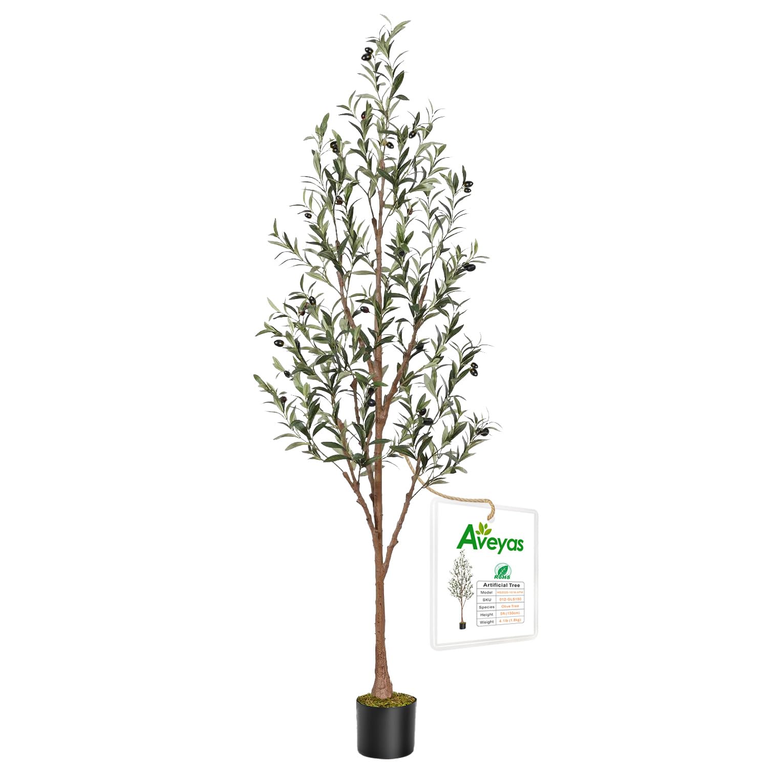 Aveyas 5ft Artificial Olive Tree for Home Decor, 5 Feet Faux Plant Fake Skinny Silk Trees with Black Olivo for Indoor Outdoor House Living Room Office (5 ft Tall)