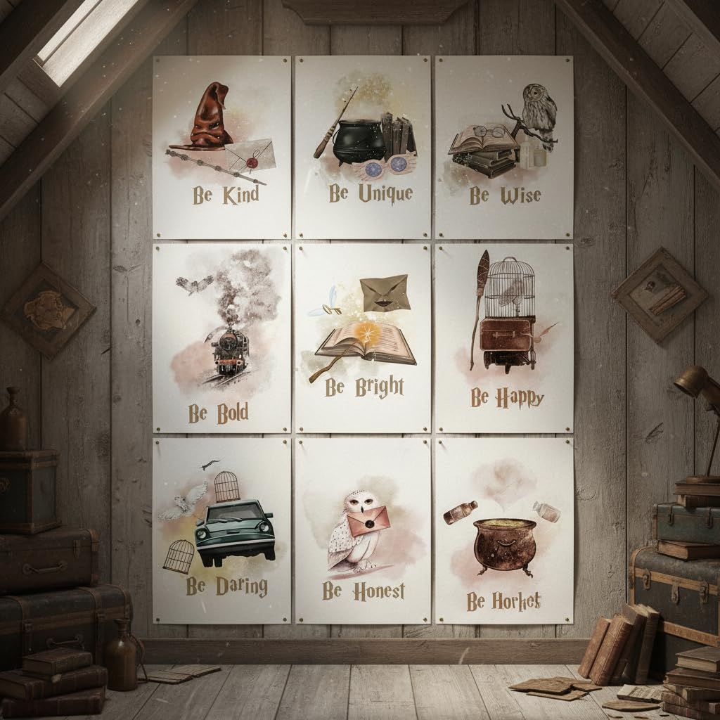 Harry Poster 9 PCS Canvas Wall Art Inspirational Quotes Potter Wall Art Motivational Potter Gift Wall Art for Hallway Stairs Bedroom Harry Gifts for Women Magic Decorations for Birthday Party