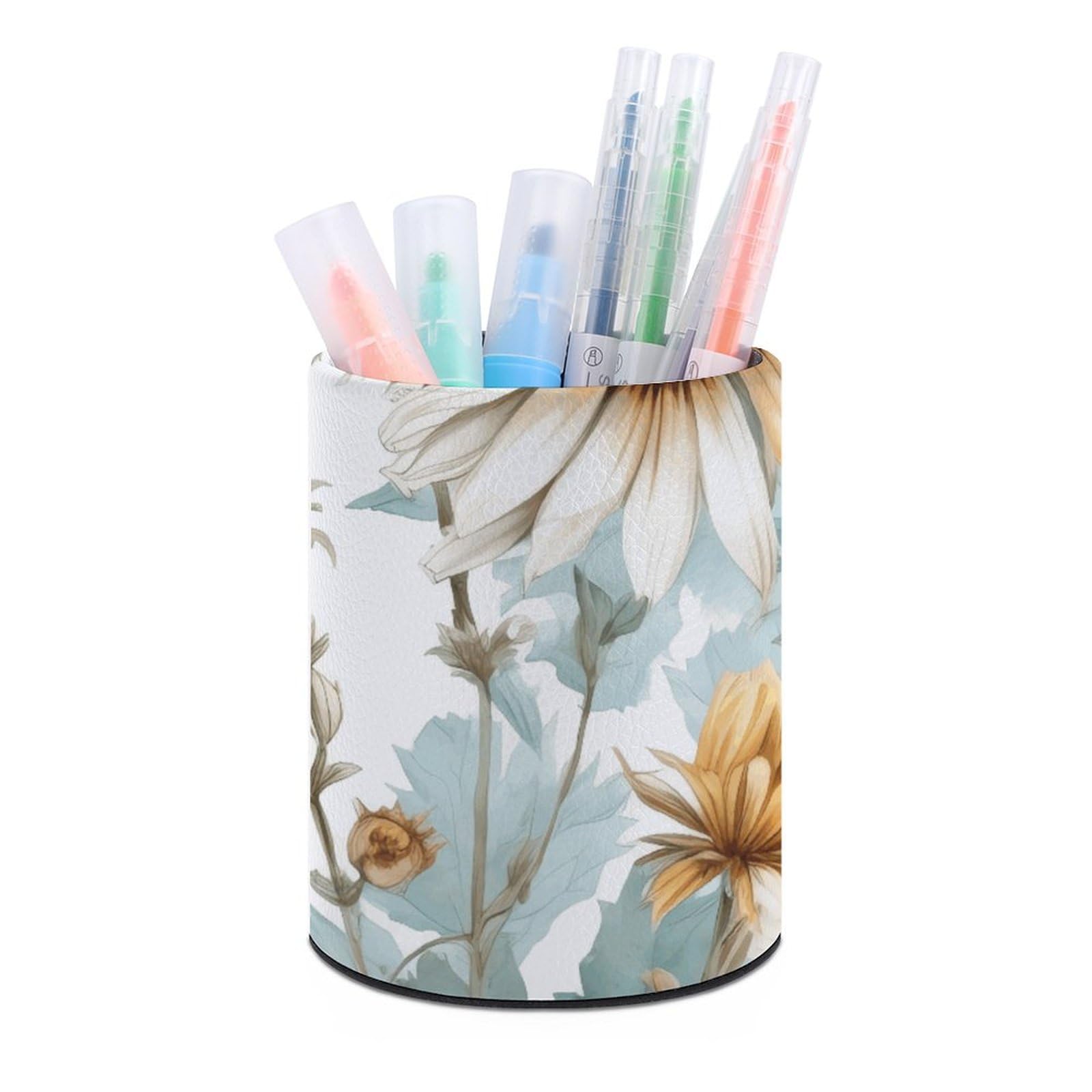 KLOPH PU Leather Pen Holder for Desk, Aesthetic Pencil Cup for Desktop, Makeup Brush Srotage for PenOrganizer Office Supplies, Daisy Flowers on Background Pen Cup Pencil Caddy for Home Art Supply