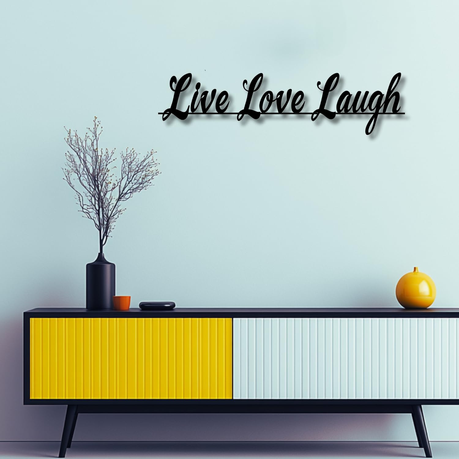 Nowoczesna minimalistyczna metalowa dekoracja ścienna, słowa "Live Love Laugh", "modem domowy", "salon" i "sypialnia" (czarny, 105 x 35 cm, bez ramki)