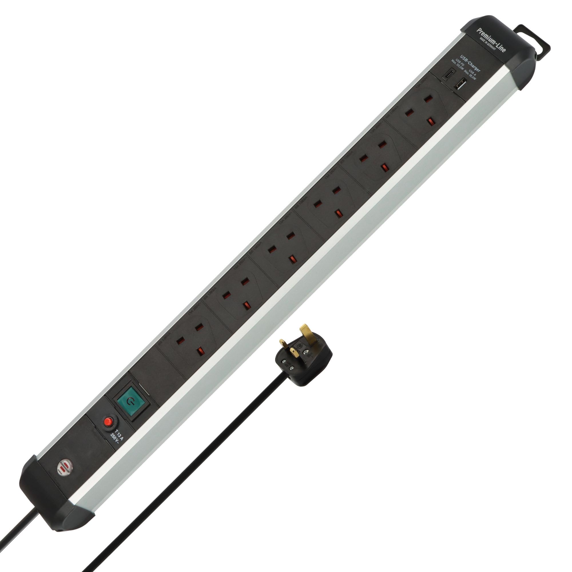 Brennenstuhl Premium-Alu-Line Power Strip with 6 sockets and USB C PD 30W and USB A 18W (Made in Germany, Extension Lead with 3m cable and switch, wall-mounted Power Strip) black