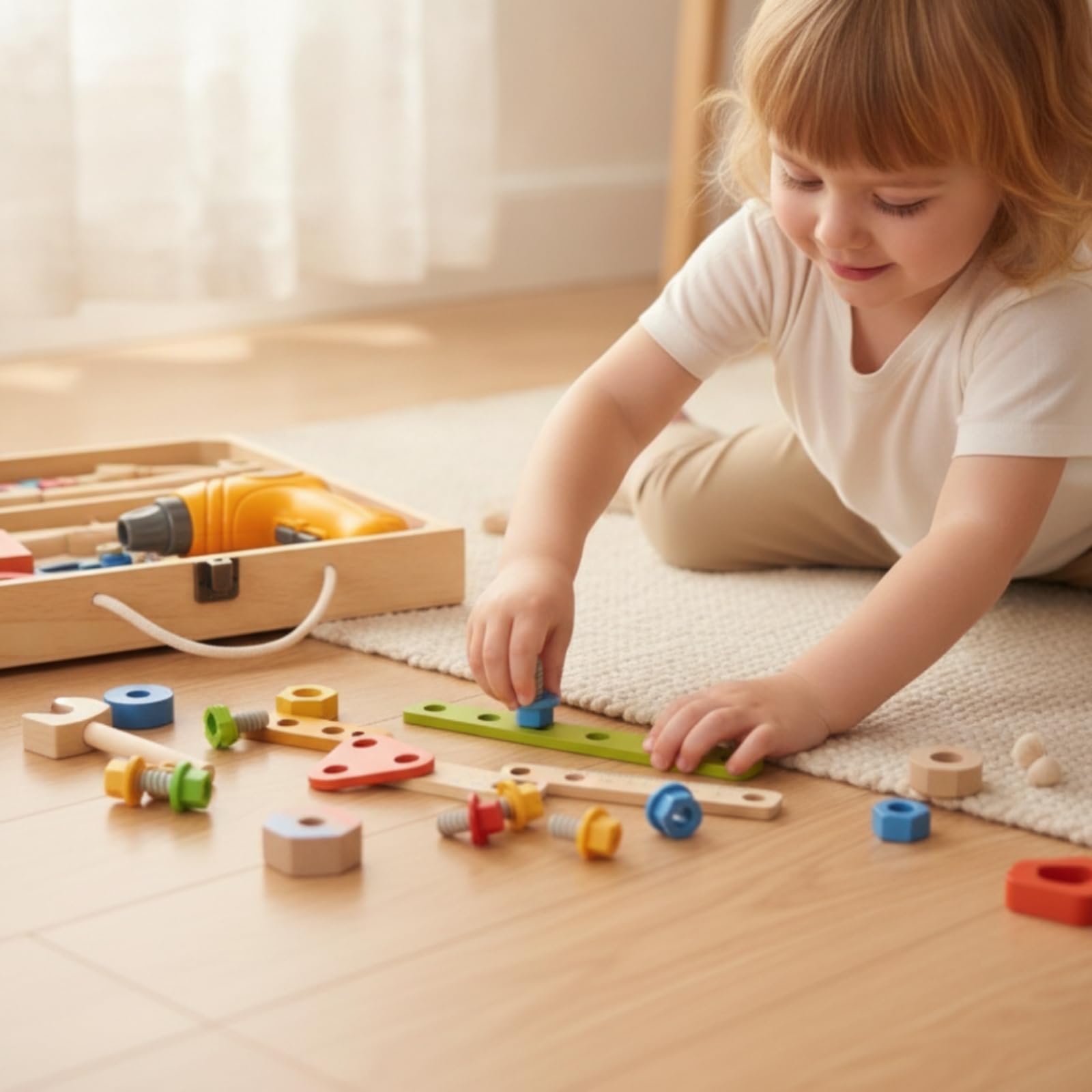 Boîte à Outils En Bois Éducatif Mallette D'outils avec Poignée Sûr Établi Portable pour Enfants