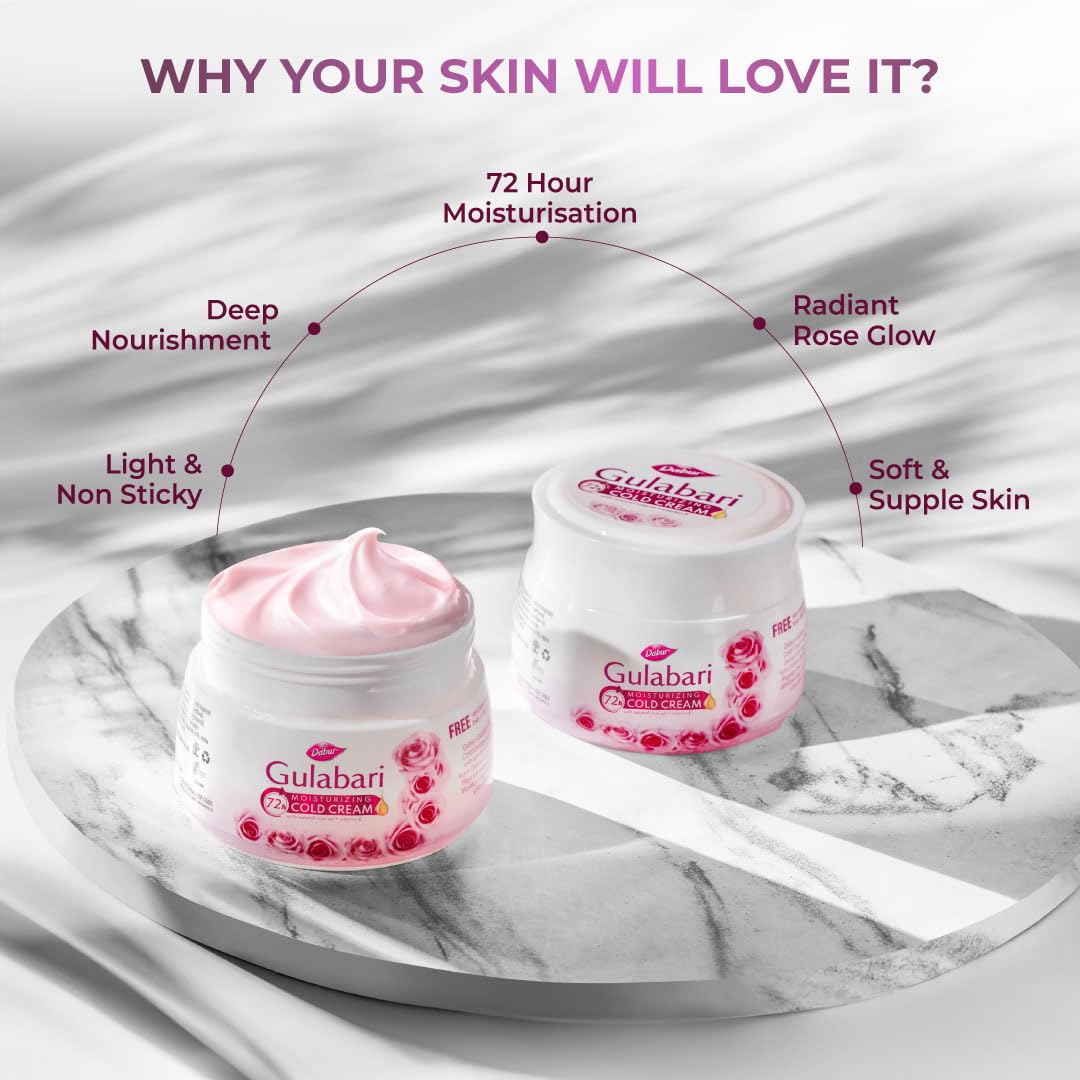 Dabur Gulabari Moisturizing Cold Cream 100gm + Lip Balm 8gm (Free) | With Goodness of Natural Rose Oil & Vitamin E | Intense Hydration and Deep Moisturization | For Smooth & Soft skin | All Skin types 3