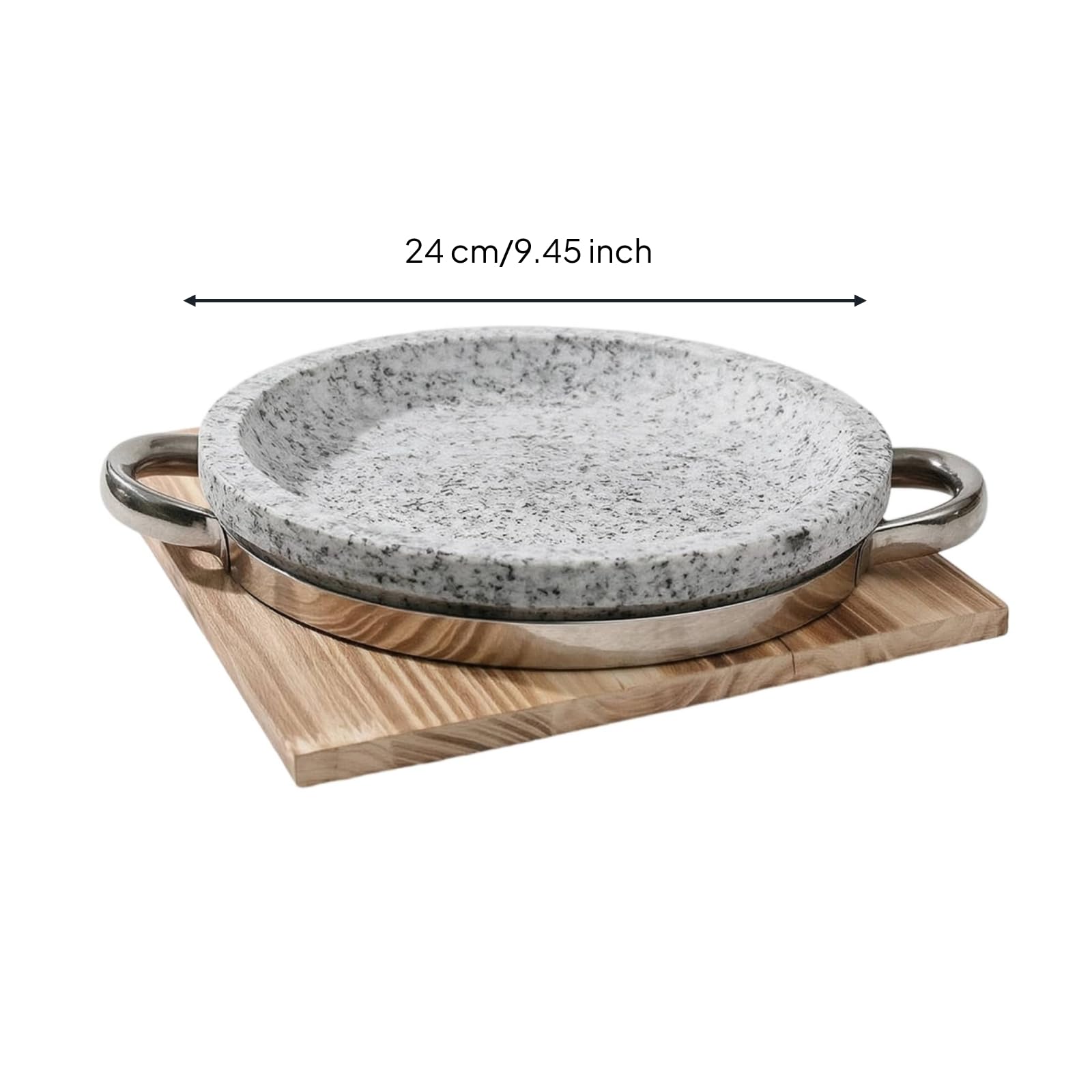 Naturstein-Backform flach Backform mit Metallgriffen stabil Servierplatte für Esstisch, 24 Cm Durchmesser, 4 Cm Höhe, Flache Bratpfanne Mit Holzunterlage