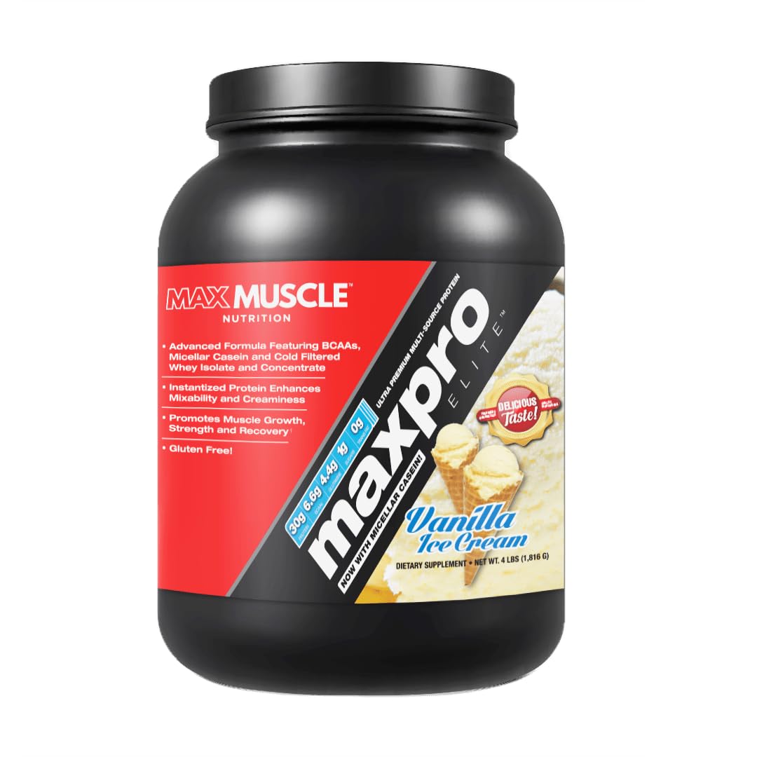 Maxpro Elite Premium Multi-Sourced 30g Whey Protein | Micellar Casein Cold Filtered Whey Isolate Protein Concentrate | Promotes Muscle Growth, Strength and Recovery (Vanilla Ice Cream, 4lb)