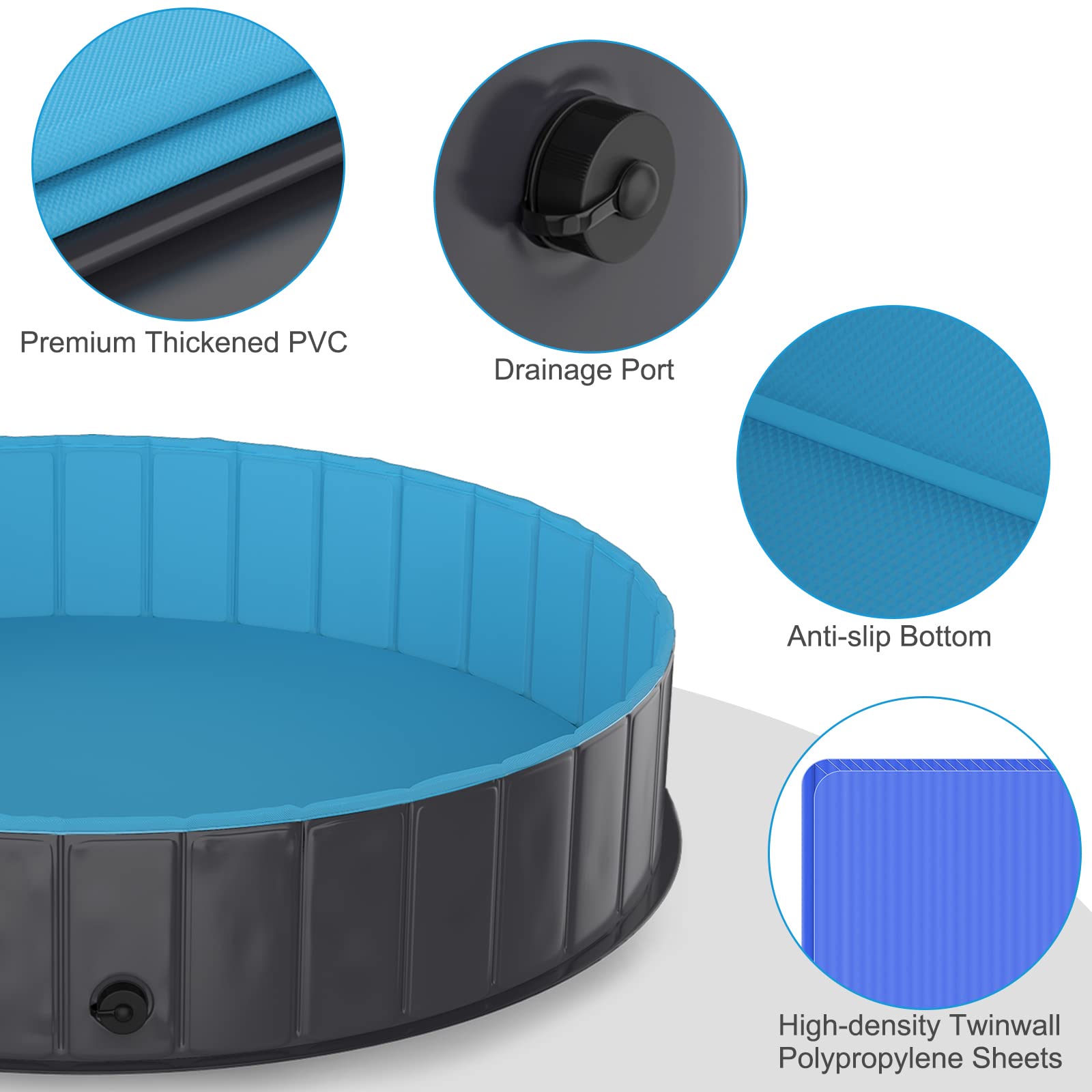 Piscine pour Chien Pliable, PVC Chien Piscine Baignoire Bassin pour Animaux Antidérapant Bassin de Baignade pour Chiens et Enfants, Gris Foncé, 160 x 30 cm