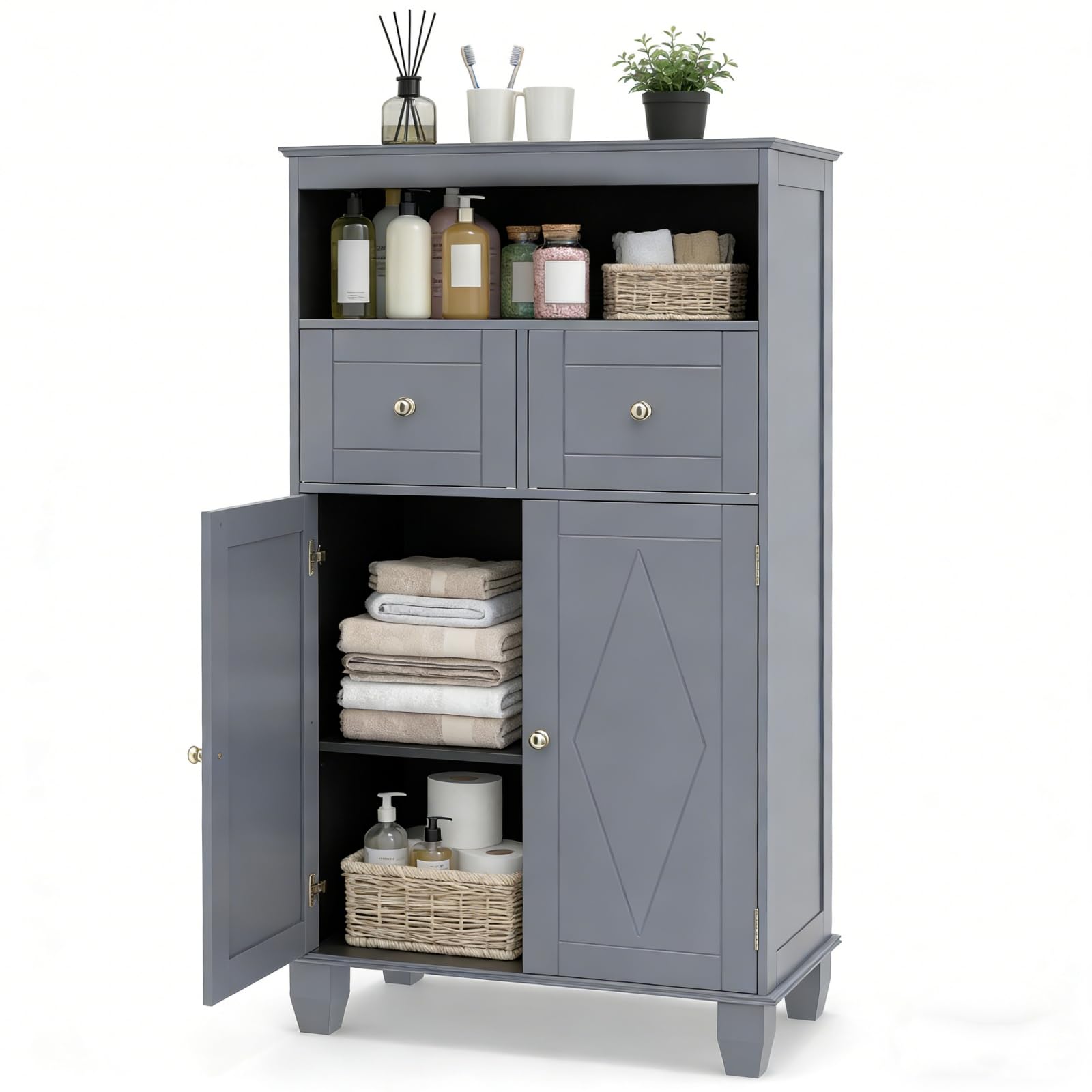 LIFEZEAL Mueble de baño para Ahorrar Espacio, Mueble de baño de Suelo, 56 x 30 x 108 cm, Moderno, con 2 cajones y 2 Puertas, Compartimento Abierto, Armario autoportante, Madera, para salón (Gris)