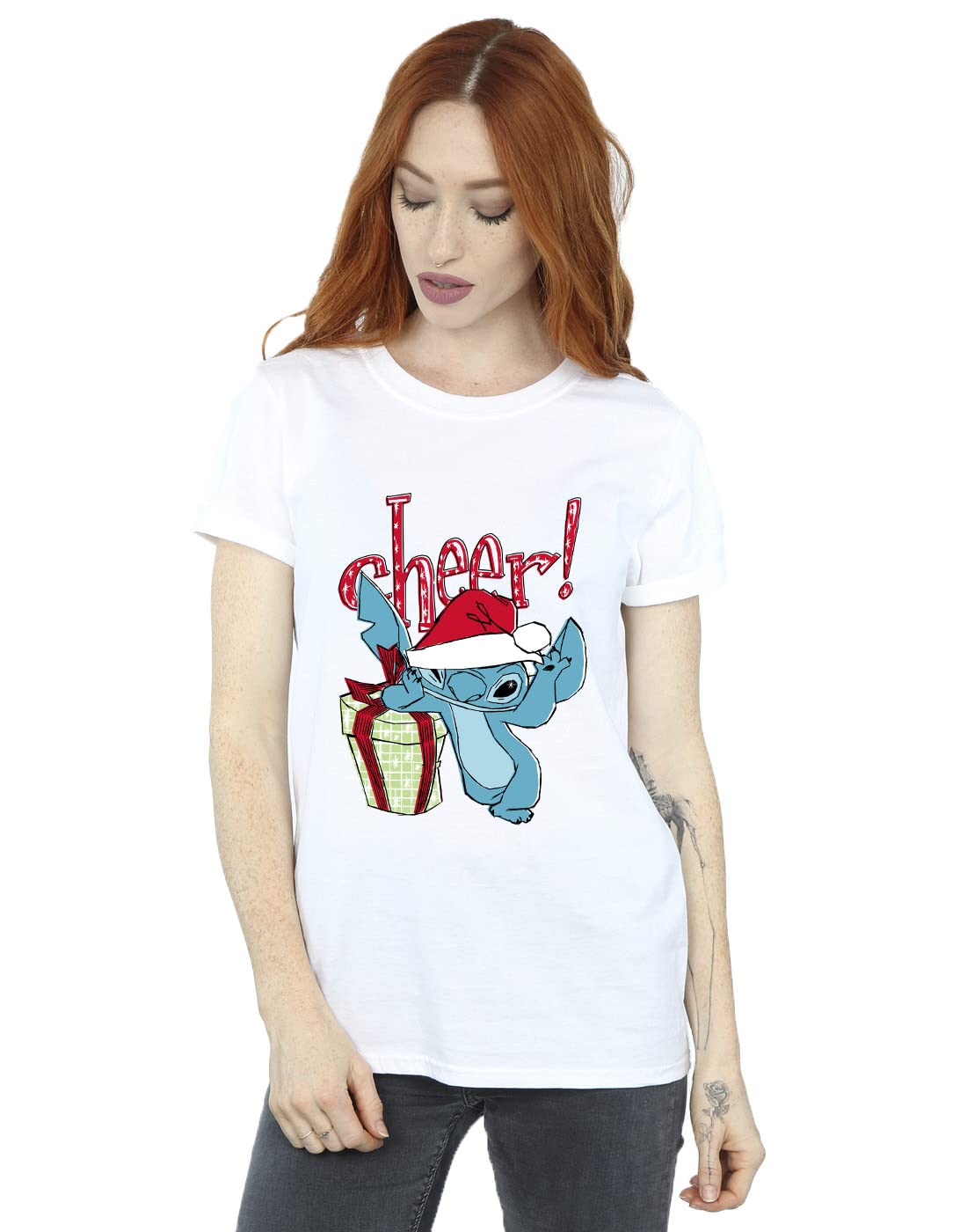 Absolute Cult Women's White Disney Lilo And Stitch Cheer Boyfriend Fit T-Shirt 3XL