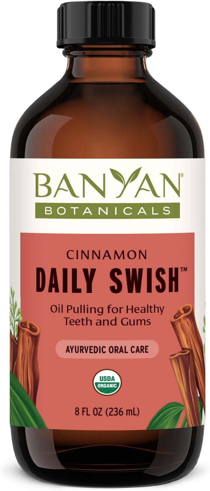 Daily Swish Cinnamon – Organic Ayurvedic Oil Pulling Mouthwash with Coconut Oil – for Oral Health, Teeth, & Gums* – 8oz – Non GMO Sustainably Sourced Vegan