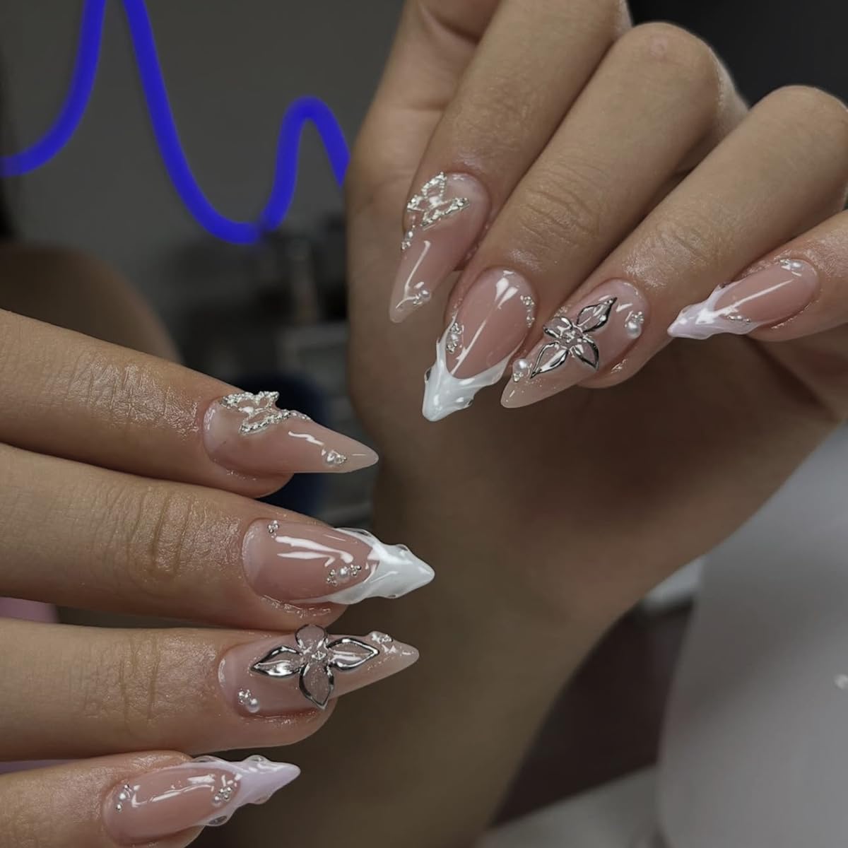 French Tip Almond Press On Nails With 3d Gild Cross Charms Kit_voghion.com
