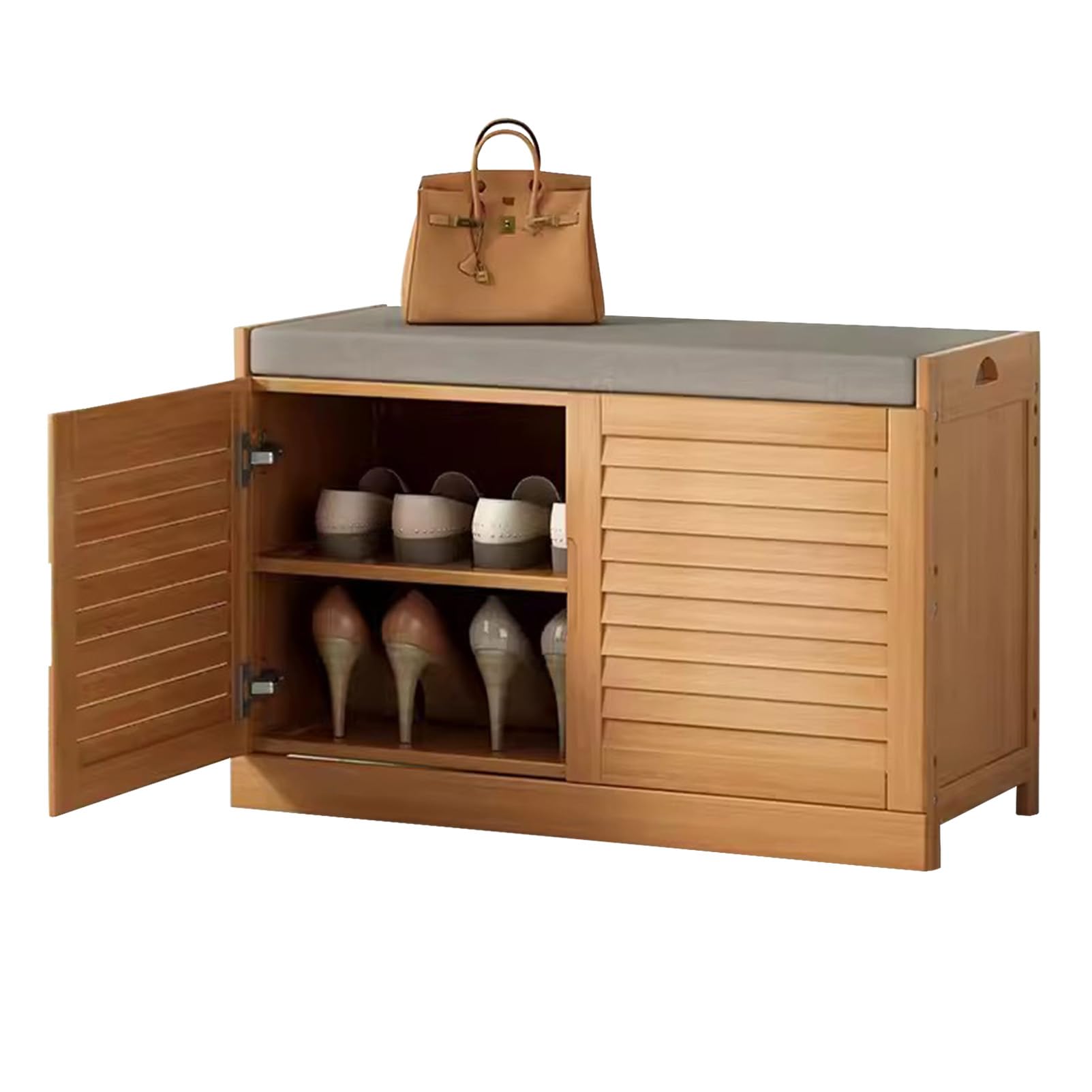 Zapatero de madera independiente con puertas y asiento, elegante pasillo para zapatos, solución de almacenamiento de entrada, diseño que ahorra espacio