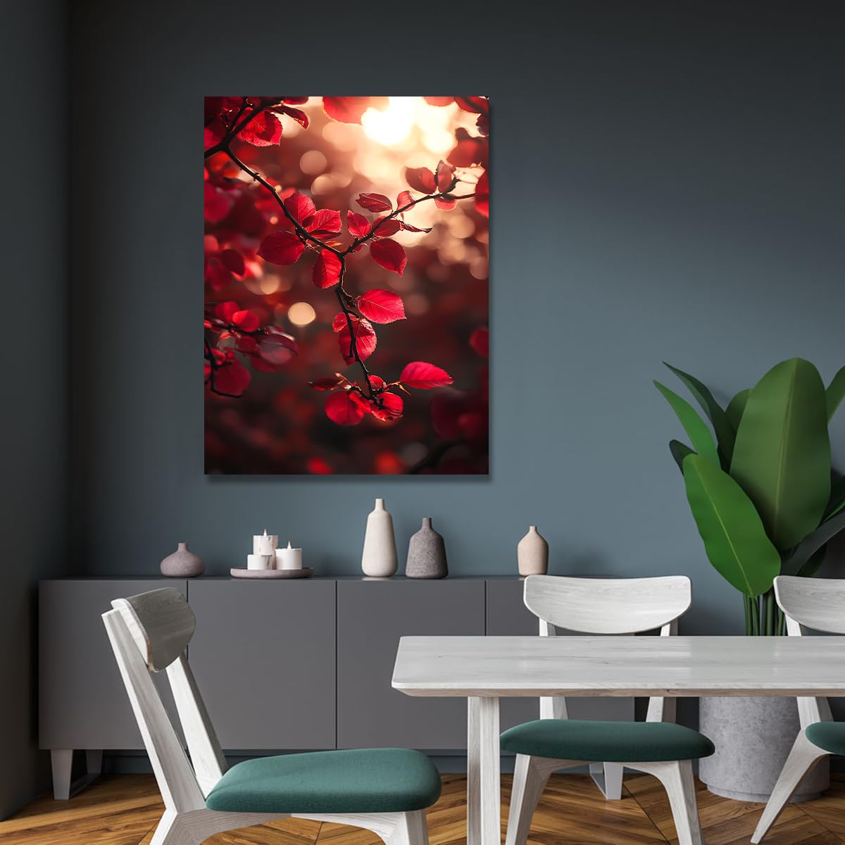 Via Vela Czerwone liście Wall Art Płótno Drukowanie Gałąź Jesień Malarstwo Promień Słońce Bokeh Las Plakat Natura Sezonowy Obraz do Salonu Sypialnia Kuchnia Deco 80x120cm