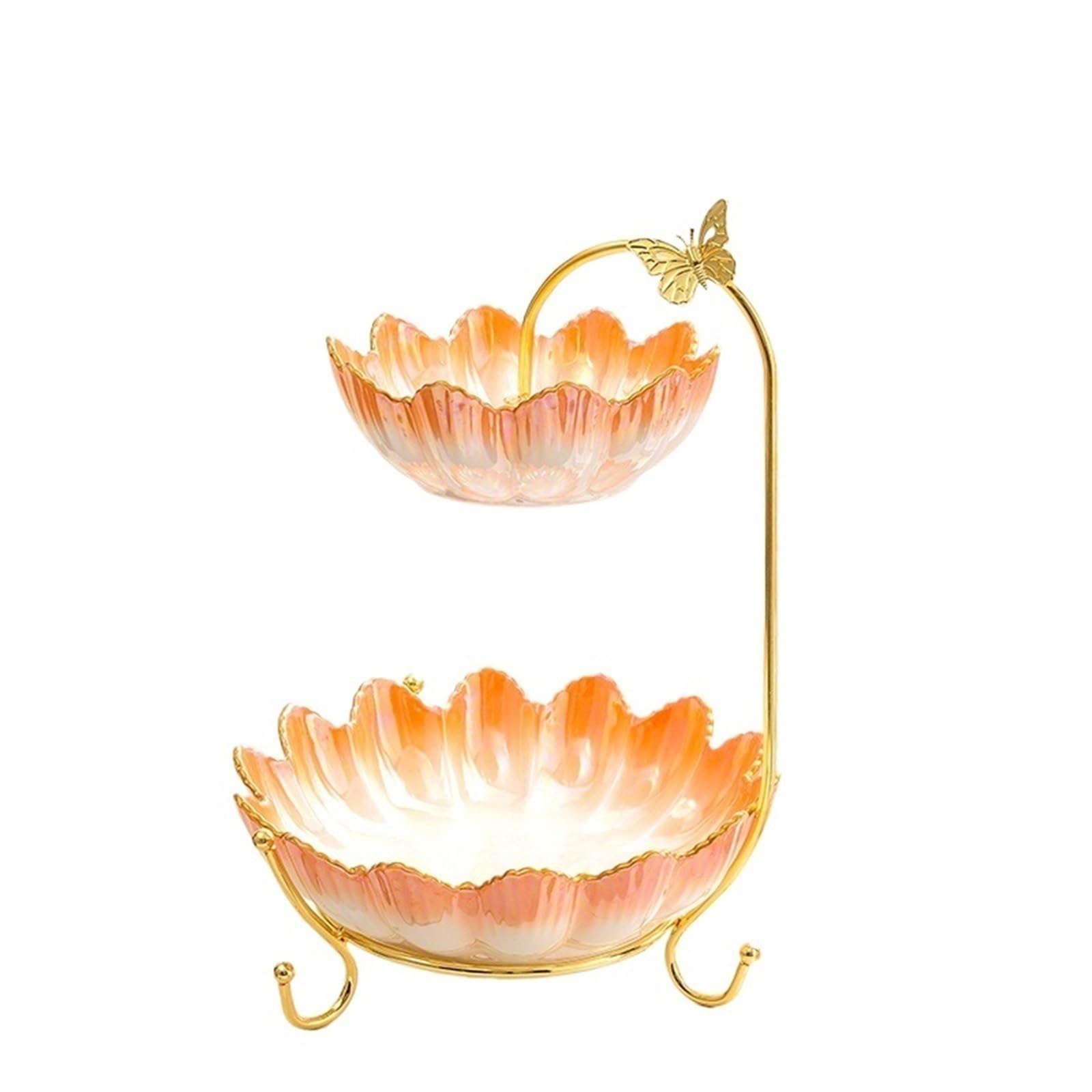 Fruit Plate Ceramic Tiered Serving Bowls Tray With Metal Rack, Ceramic Fruit Bowl, Fruit Stand For Countertop, Fruit Basket Stand Vegetable Bowl Snacks Nuts Bread Candy Storage Fruit Bowl (Orange )