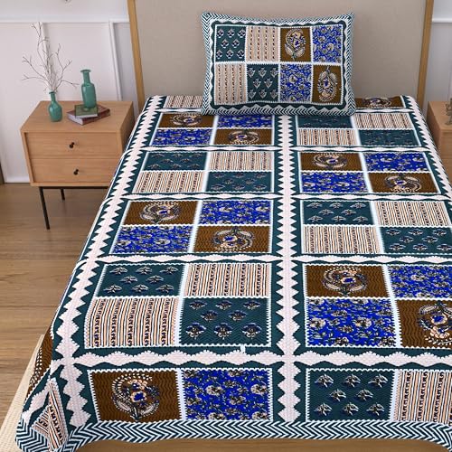 Image of 100% Cotton Single Bedsheet with 1 Pillow Cover | 240 TC Pure Cotton Flat Bed Sheet | Traditional Jaipuri Printed Bedding Set | Soft & Breathable | 60 x 90 Inch (Rangmahal Single 61)