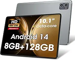 Azeyou Tablet Android 14 atualizados 2025, processadores Octa-core para tablet de 10,1 polegadas com 8 GB de RAM, 128 GB de ROM, tela sensível ao toque IPS, Wi-Fi 6, BT 5.0, câmera dupla, bateria de