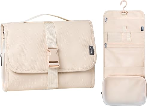 pack all Hanging Travel Toiletry Bag, Foldable Cosmetic Bag with Multiple Compartments, Water-Resistant Makeup Bag for Toiletries, Accessories Light Beige