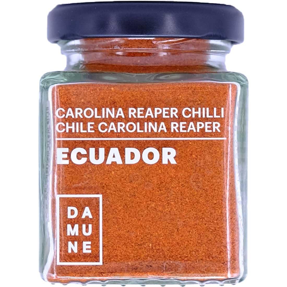 DAMUNE Chiles del Mundo (45g/Tarro): Carolina Reaper Molido, Bhut Jolokia Molido, Scorpion Trinidad Butch T Molido, Savina Rojo Molido, Chipotle Molido & Jalapeño Rojo Molido