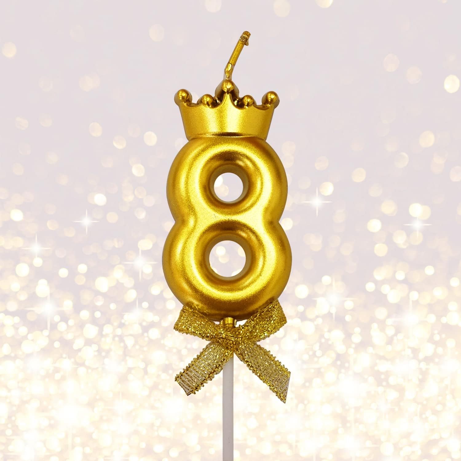 FI - FLICK IN 1 Pc 8 Unscented Candle for Birthday Cake With Crown on Top for Anniversary Cake Topper 8Th Birthday Decoration (Pack of 1, Metallic Gold)