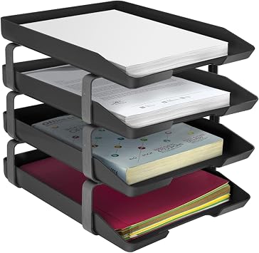 Acrimet Traditional 4 Tier Letter Tray, Front Load Design, A4 Letter Size, Desktop Organizer Plastic Black Color