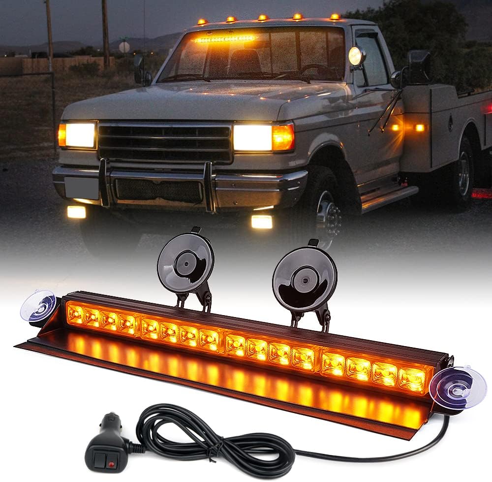 Xprite Amber LED Strobe Light Bar, Front Windshield Dash Deck Hazard Warning Flashing Traffic Caution Lights w/Suction Cups, for Emergency Construction Vehicles POV Trucks EMS Snowplow