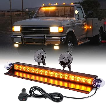 Xprite Aluminum Ultra-Bright 16 LED Emergency Dash Strobe Light Bar, 22 Modes & Vacuum Suction, Front/Rear Windshield Traffic Advisor Warning Lights for Construction Trucks Security Cars Amber